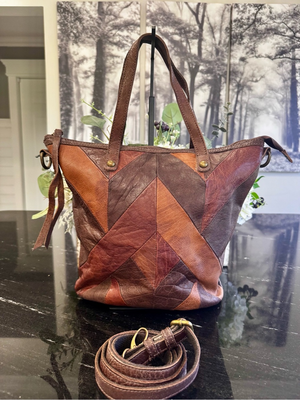 🤎Lucky Brand Leather Patchwork Convertible Tote Crossbody Bag Brown - Picture 11 of 11